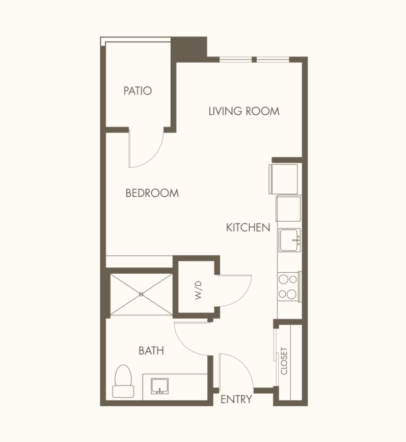A simple floor plan of a one-bedroom apartment, featuring a living room, kitchen, bath, and patio.