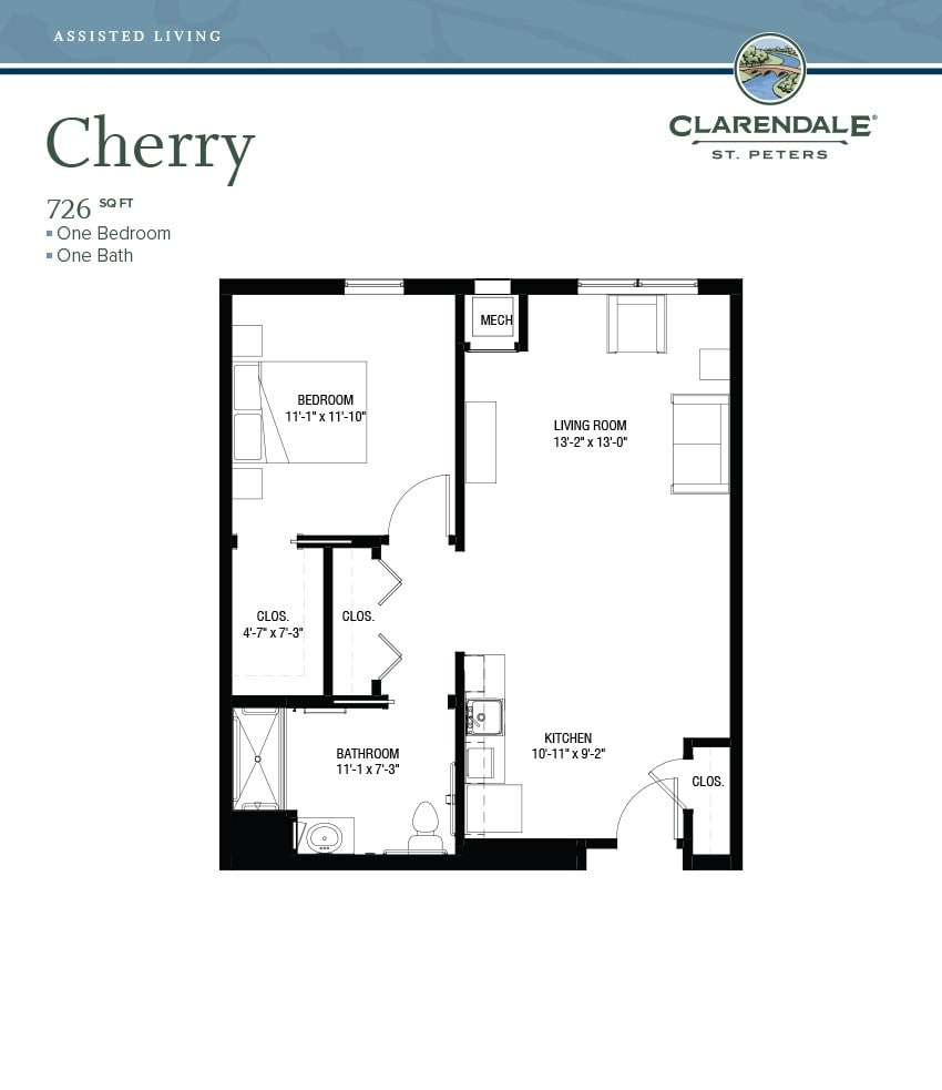 Cherry apartment floor plan featuring a single bedroom, living room, and kitchen area.