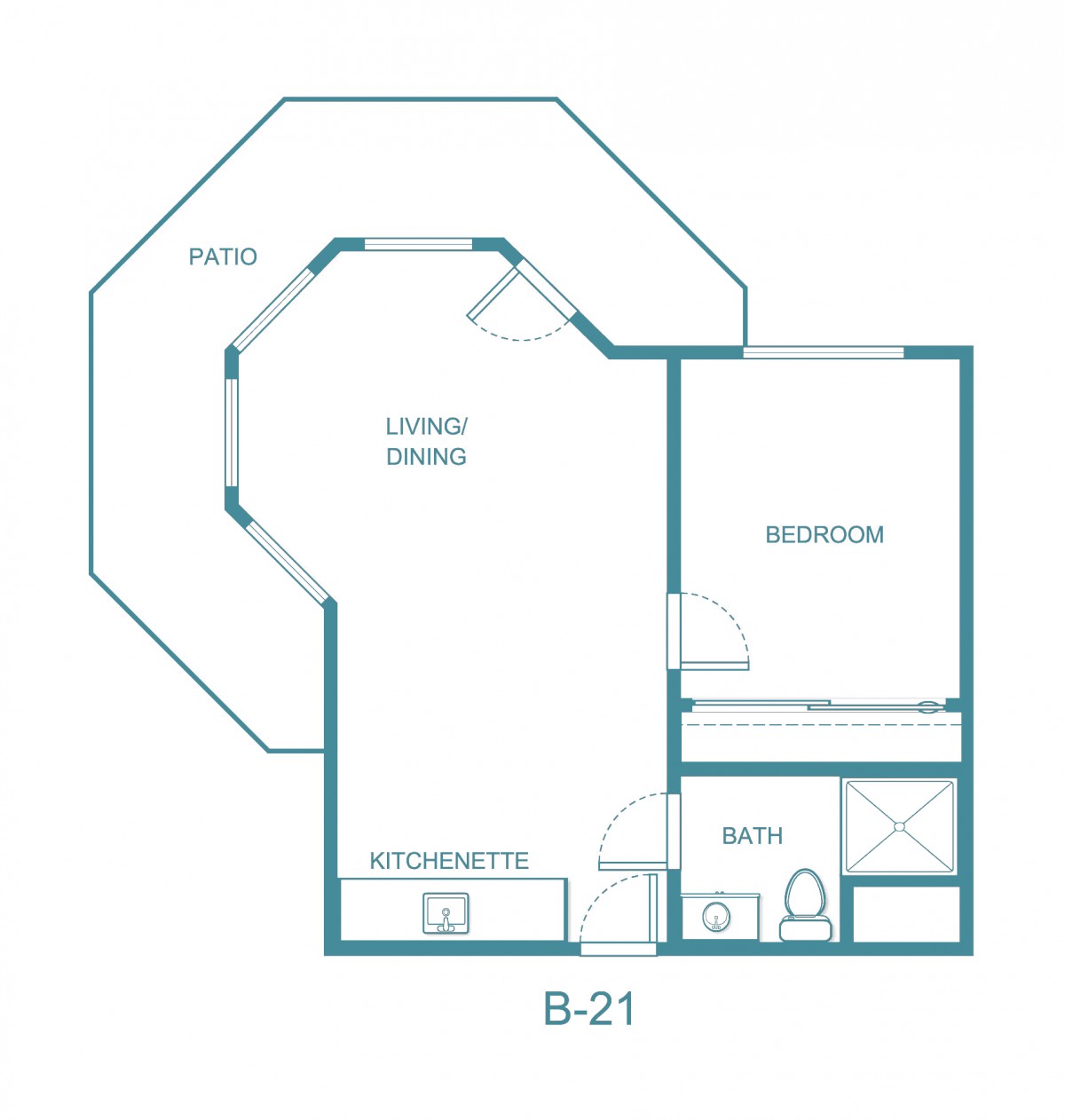 A simple apartment floor plan featuring a living room, kitchenette, bedroom, and bathroom.