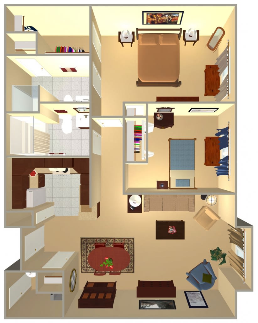 A detailed floor plan of a two-bedroom apartment featuring a kitchen, living room, and bathroom.