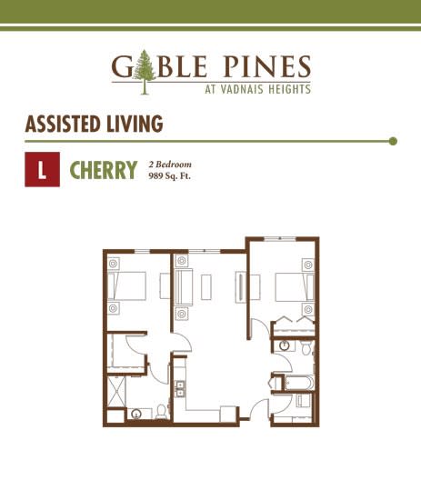 Floor plan of a two-bedroom assisted living unit at Gable Pines.
