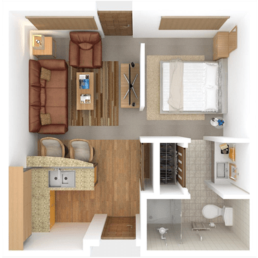 A compact floor plan of an apartment featuring a bedroom, kitchen, living room, and bathroom.