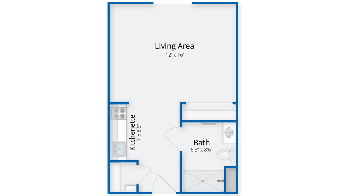Studio apartment floor plan featuring a living area, kitchenette, and bath.