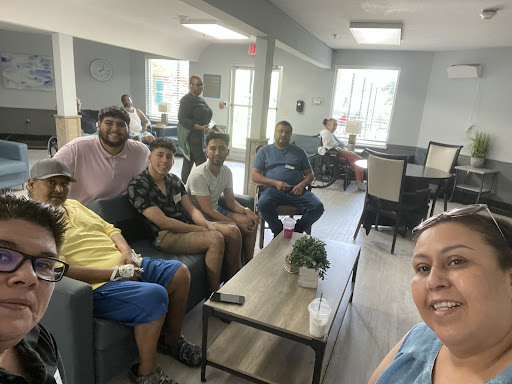 A fun gathering with friends in a cozy lounge area.
