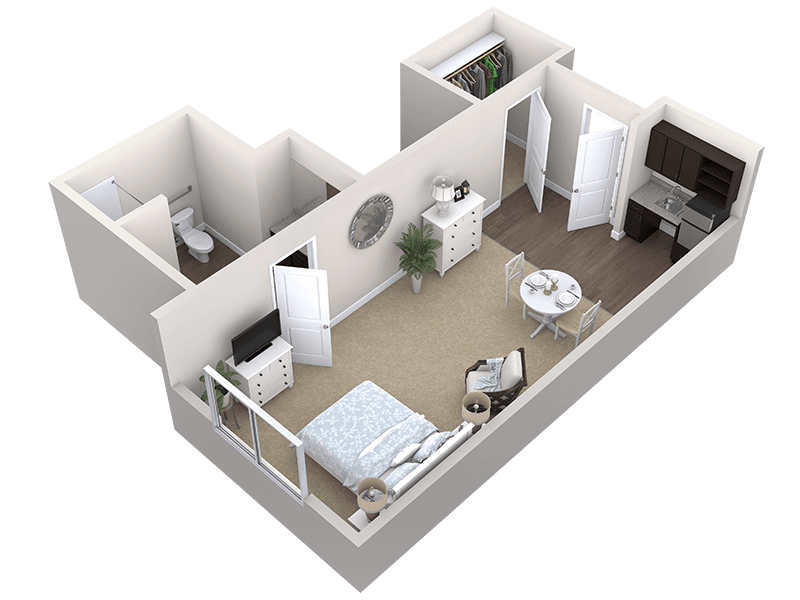 A 3D floor plan of a one-bedroom apartment featuring a cozy layout with a separate bathroom, living area, and kitchenette.