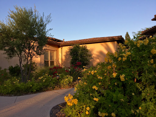 A serene view of a house surrounded by vibrant flowers and greenery during sunset.