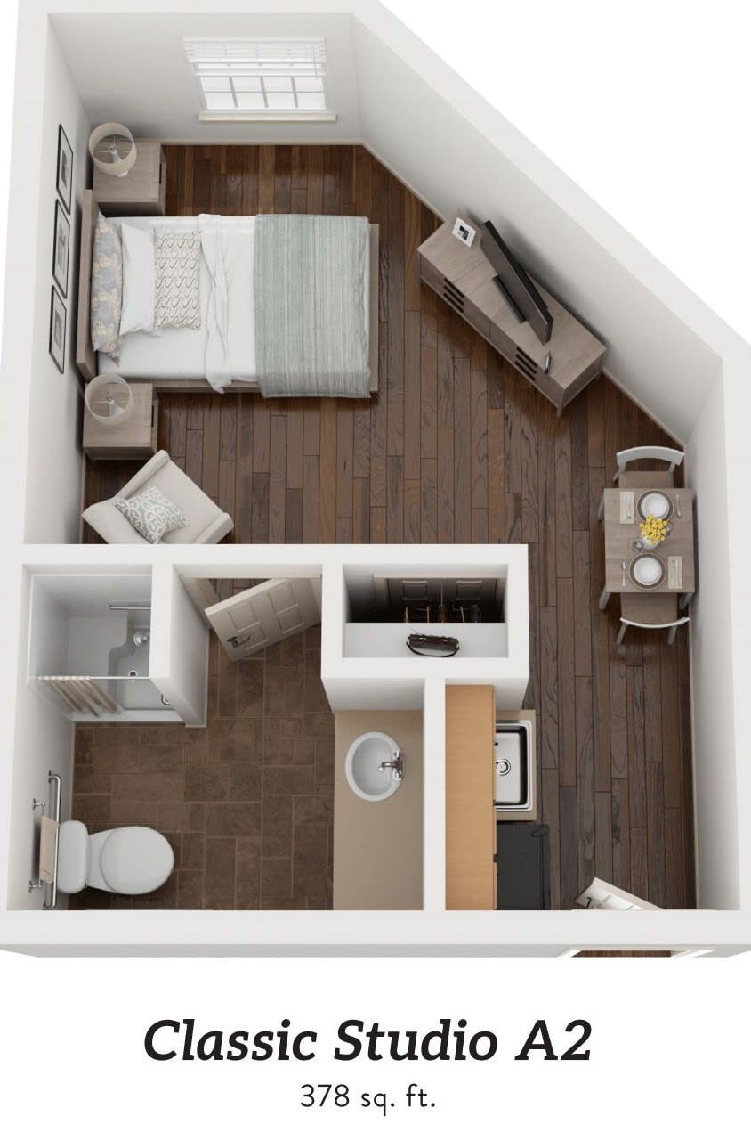 A compact studio apartment floor plan featuring a bedroom, living area, kitchenette, and bathroom.