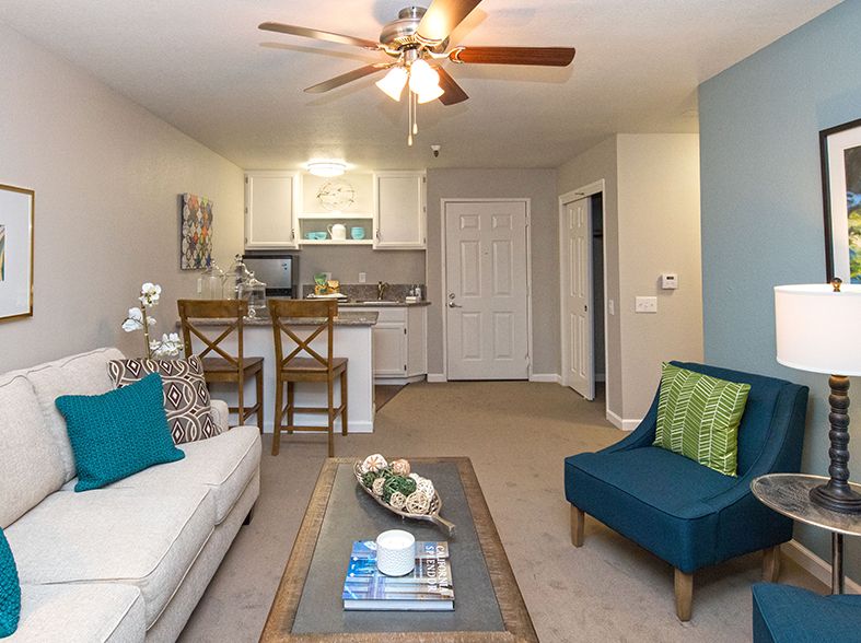 A cozy living room with modern furnishings, featuring a small kitchen area in the background.