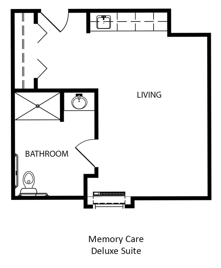 Floor plan layout for a memory care unit with living space and bathroom.