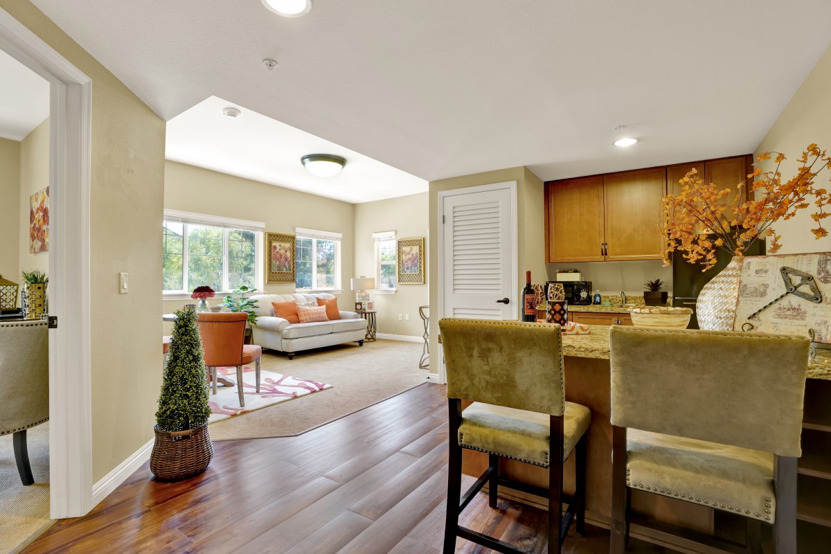 A spacious living area featuring an open floor plan with hardwood floors, modern furnishings, and abundant natural light.