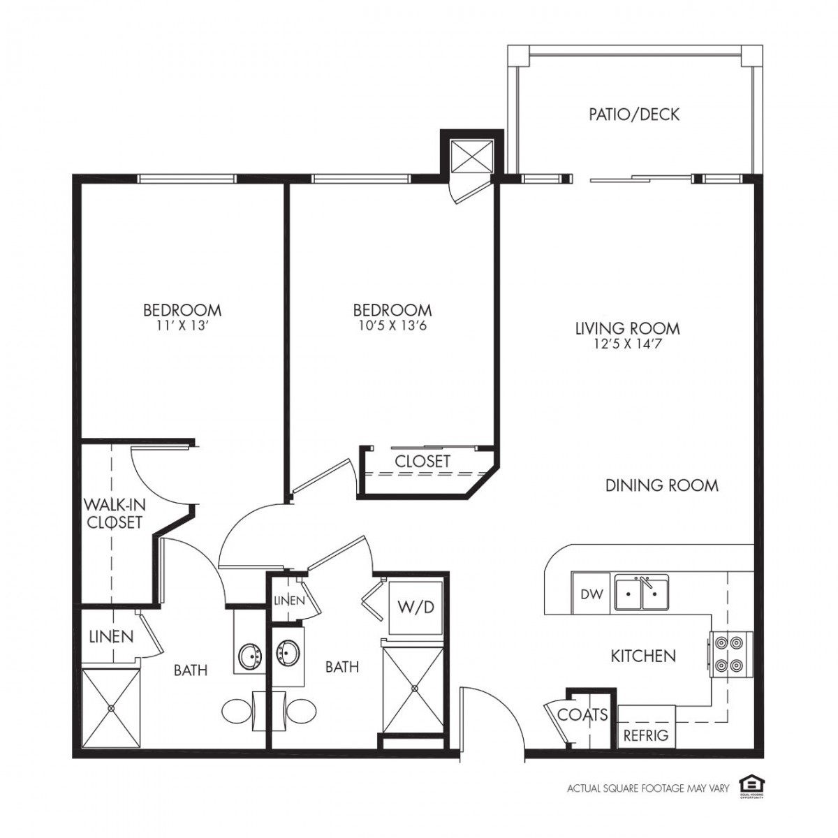 A floor plan of a two-bedroom apartment with a living room, kitchen, bathroom, and balcony.