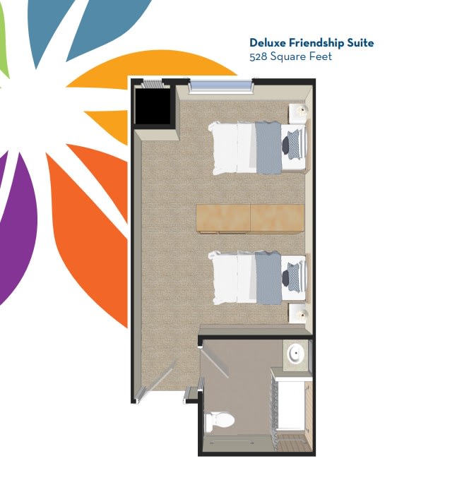 Deluxe friendship suite floor plan with two beds and a bathroom.