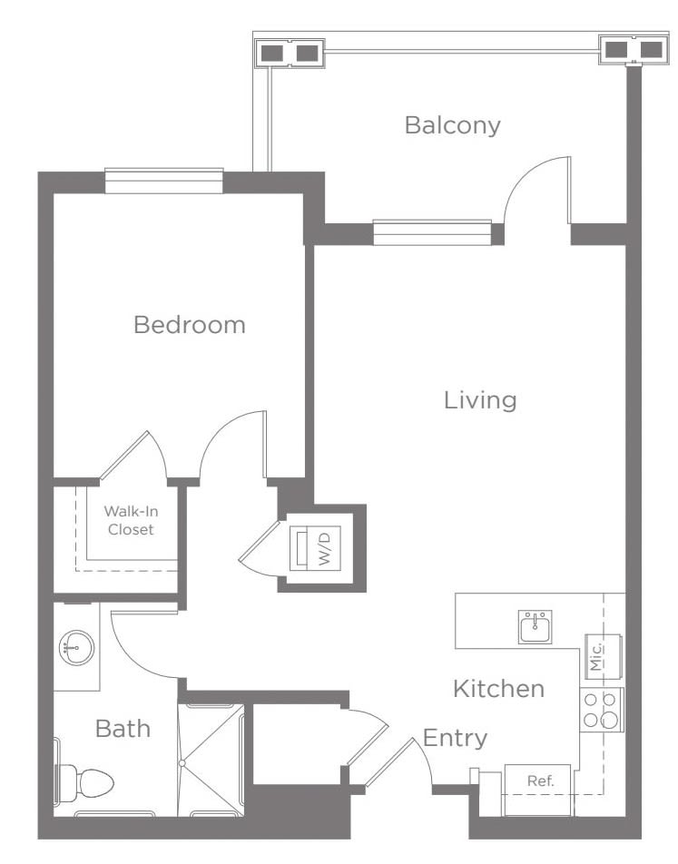 A floor plan of a one-bedroom apartment with a living area, kitchen, bathroom, and balcony.