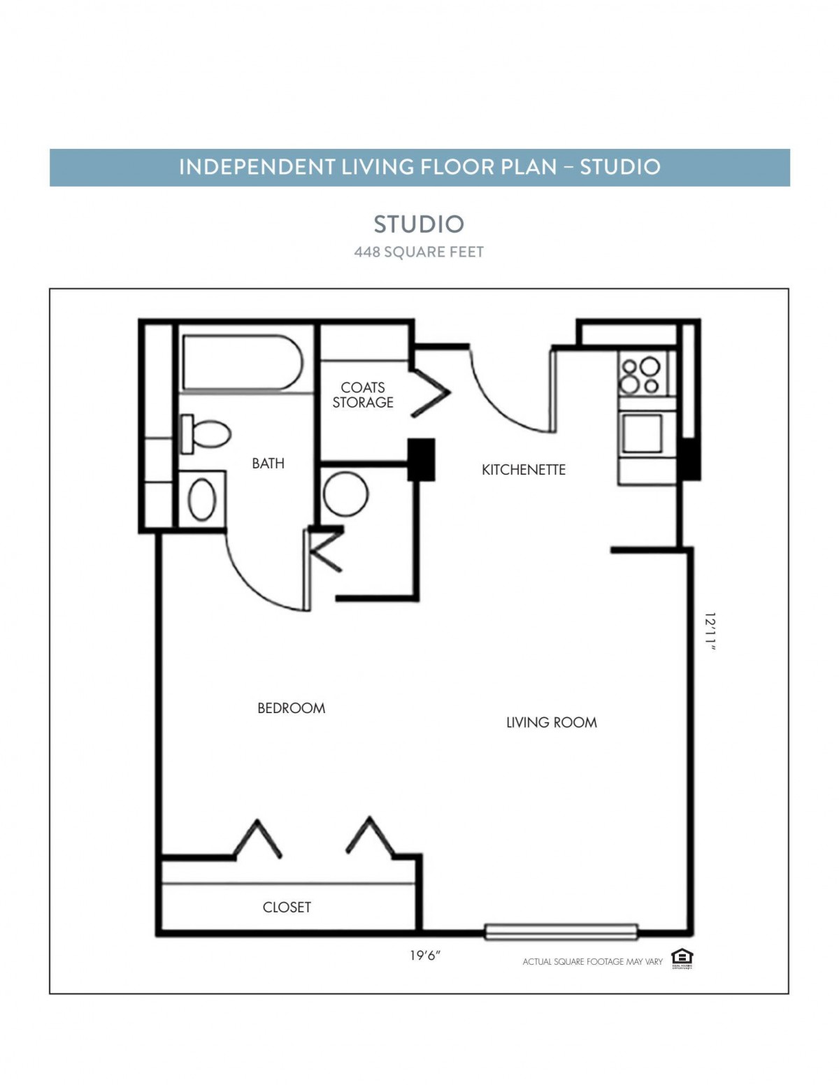 Studio apartment floor plan with a bathroom, kitchen, closet, and living room area.