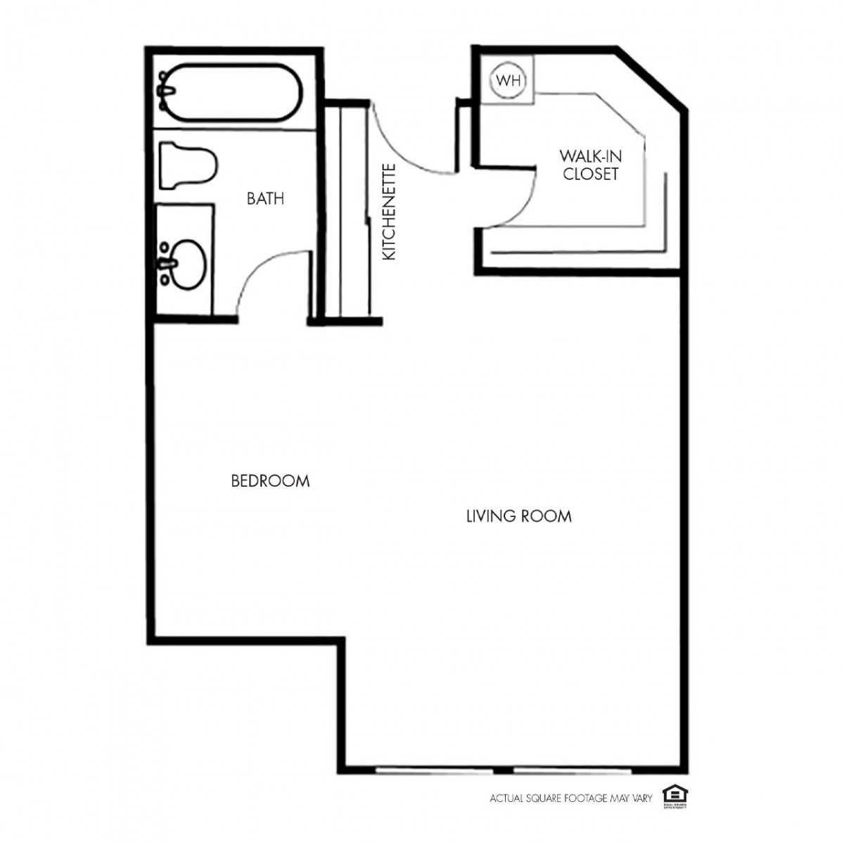 A simple one-bedroom apartment floor plan with a kitchen, living room, bathroom, and bedroom.