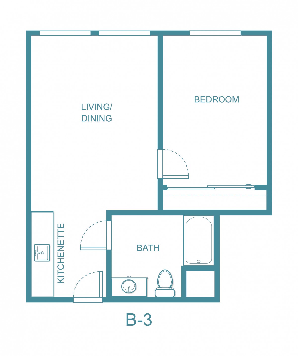 A simple floor plan of a one-bedroom apartment featuring a kitchenette, bathroom, and living/dining area.