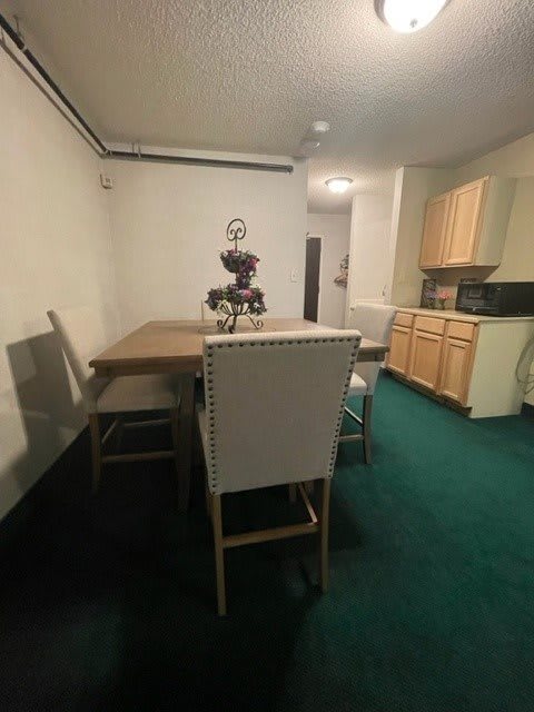 A cozy dining area with a table and chairs next to a compact kitchen setup.
