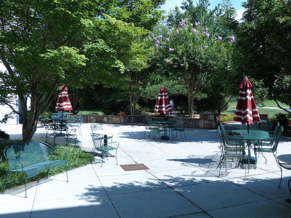 A sunny outdoor patio with tables, chairs, and red umbrellas surrounded by trees.