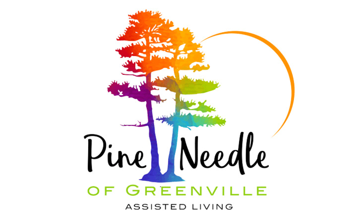 Logo for Pine Needle of Greenville Assisted Living featuring colorful trees.