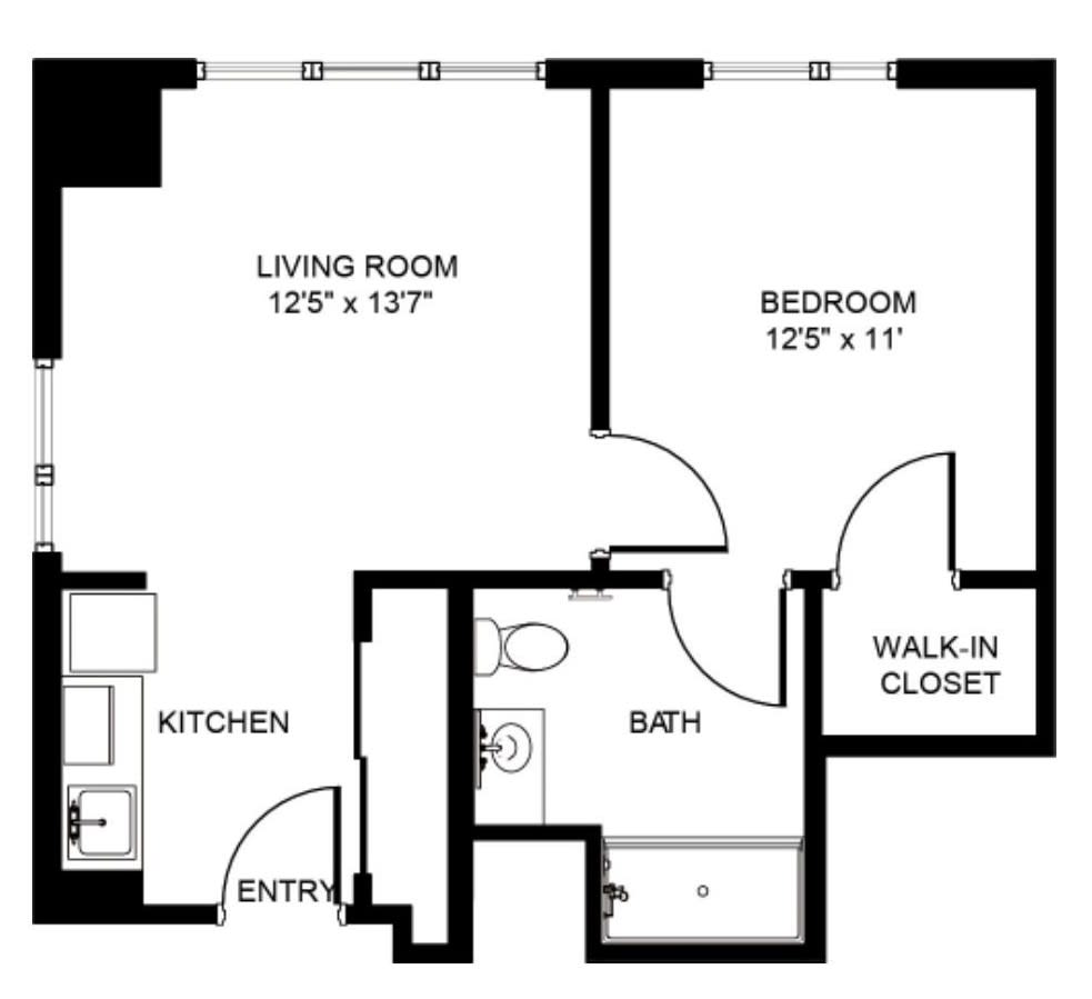 A floor plan of a one-bedroom apartment with a living room, kitchen, bathroom, and walk-in closet.