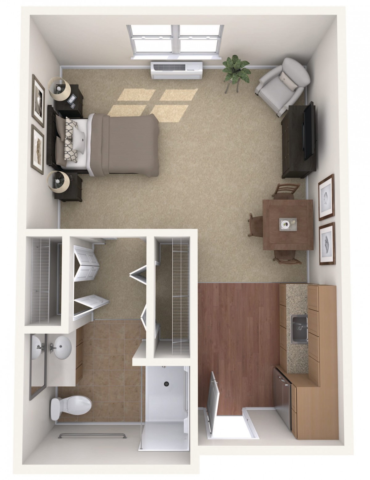 A studio apartment floor plan showing the arrangement of a bedroom, living room, kitchen, and bathroom.
