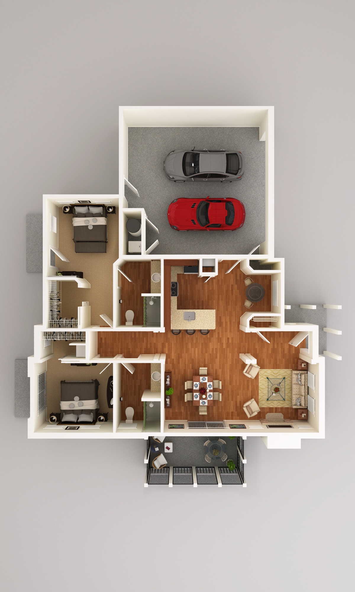 A 3D floor plan of a house featuring two bedrooms, a living area, kitchen, dining room, and a garage with two cars.