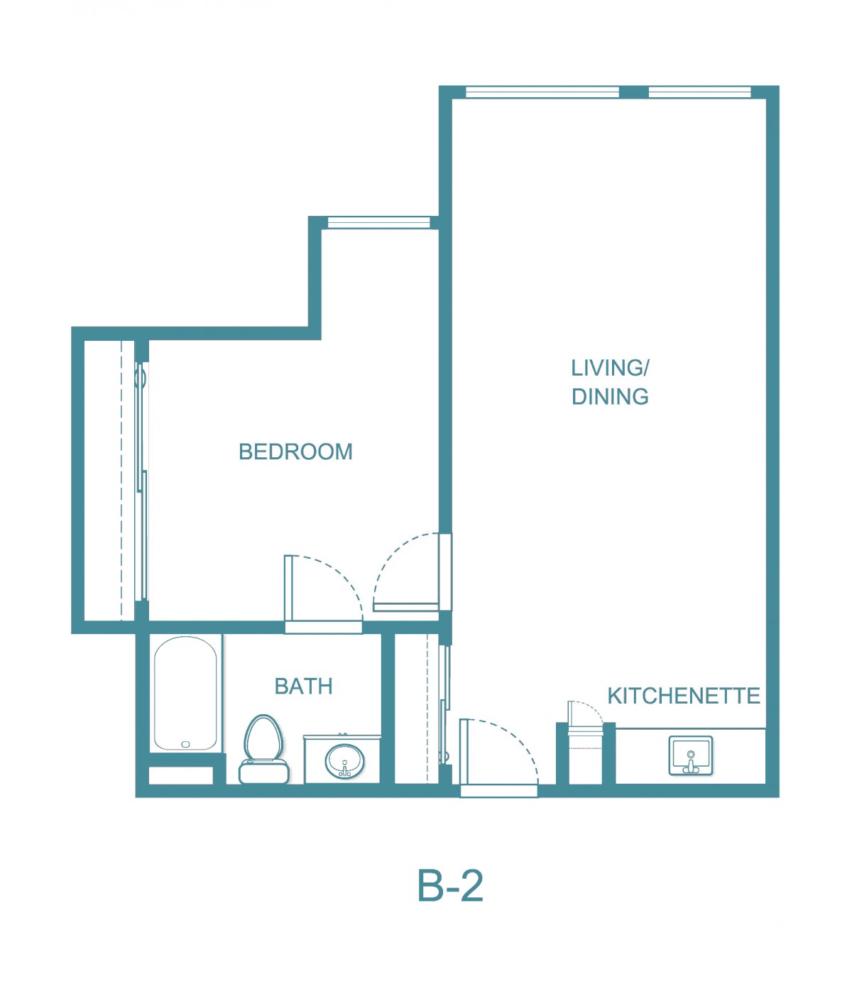 A blueprint of an apartment showcasing the layout of a bedroom, bath, kitchen, and living/dining area.