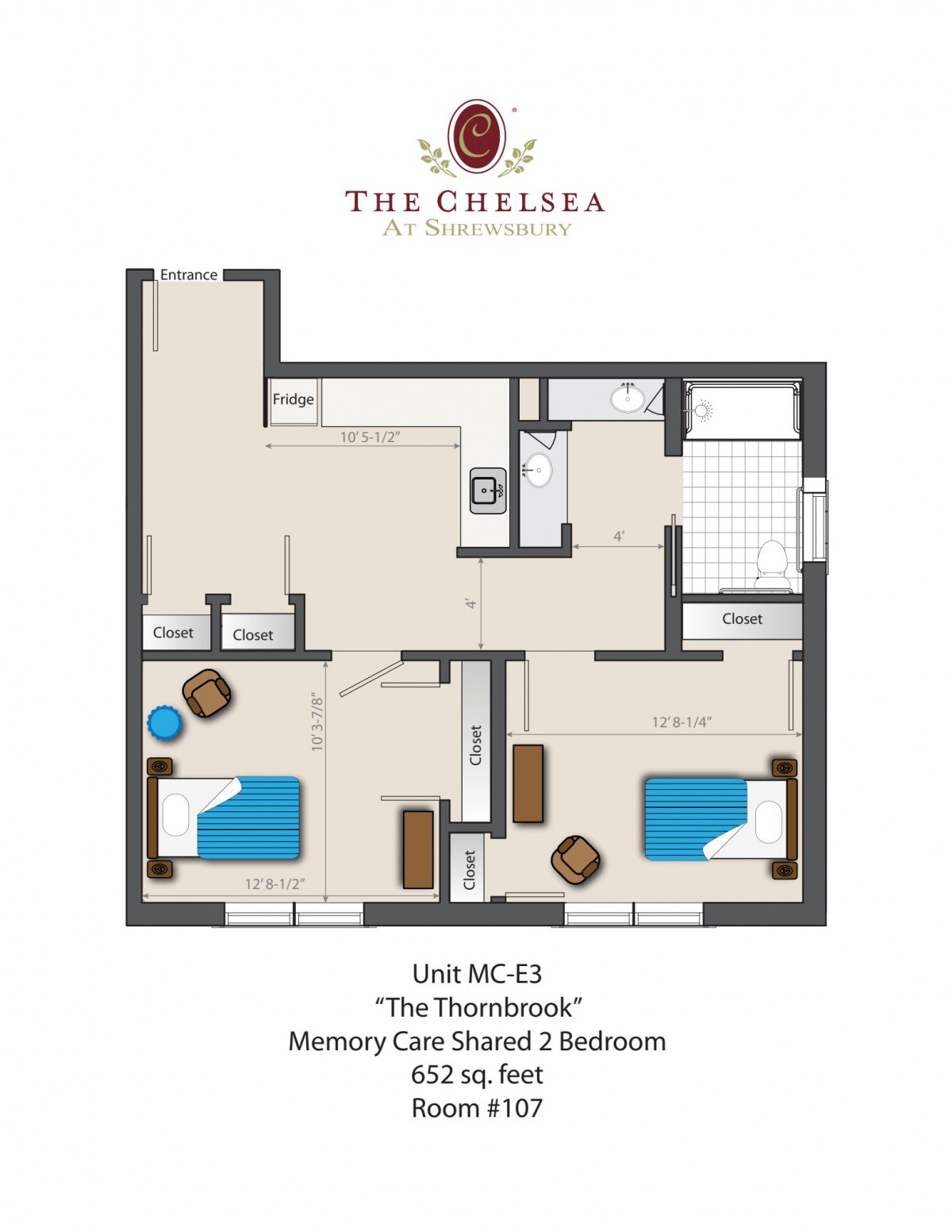 Floor plan of The Chelsea Unit MC-43, featuring a memory care shaped two-bedroom layout with 915 sq ft.