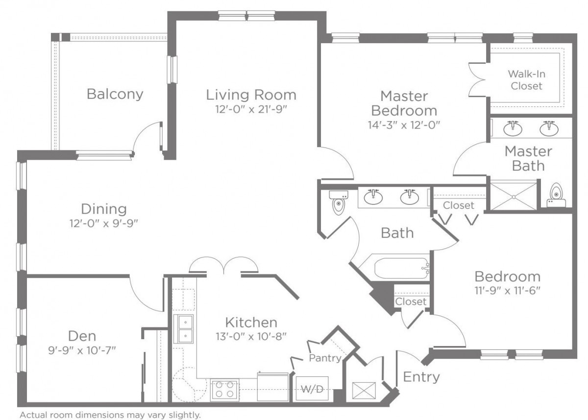 A detailed floor plan of a residential apartment featuring key areas such as the living room, kitchen, master bedroom, and balcony.