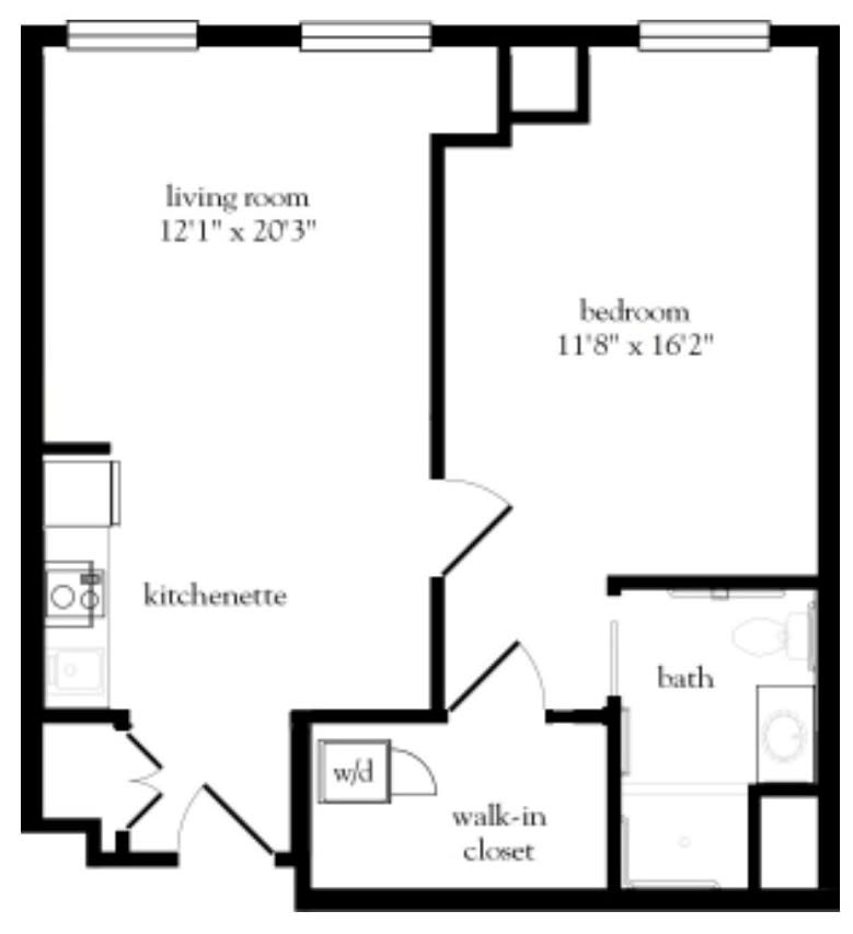 A floor plan of a one-bedroom apartment featuring a living room, kitchenette, bathroom, and walk-in closet.