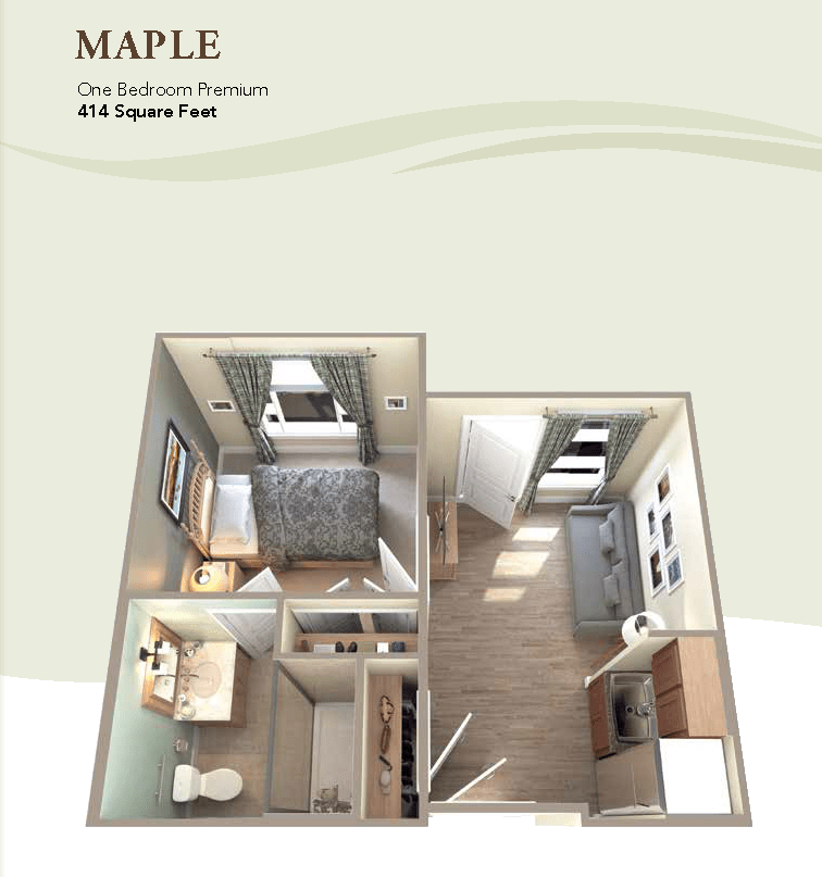 3D floor plan of a one-bedroom apartment named 'Maple' with 474 square feet.