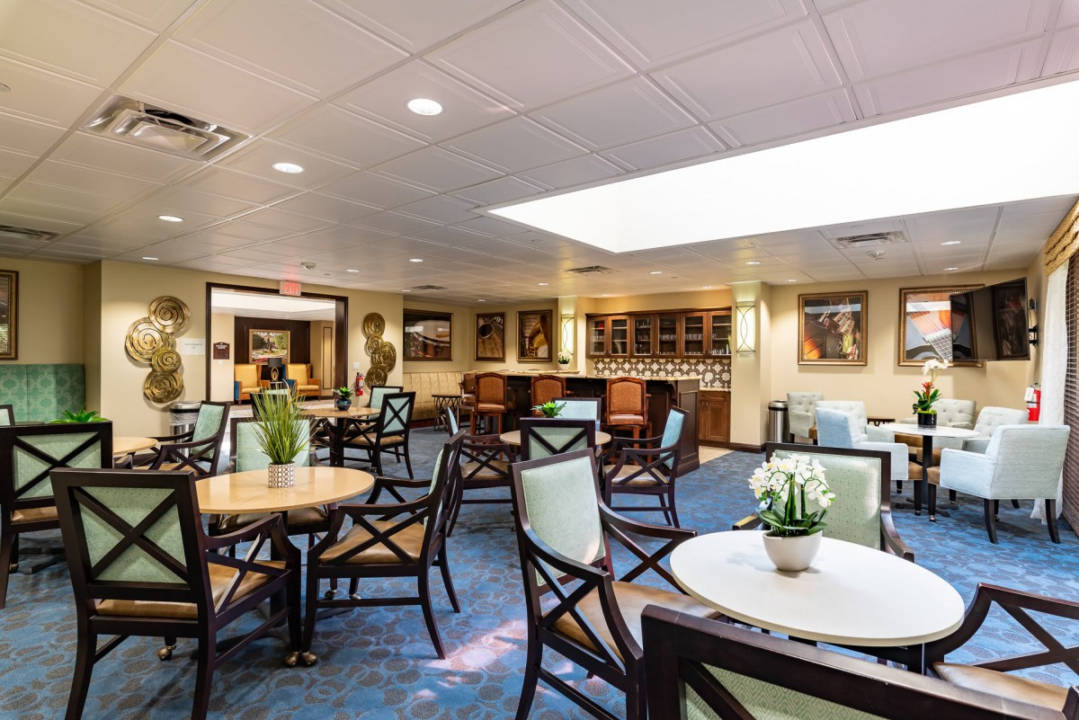 A well-lit lobby with modern seating and decor.