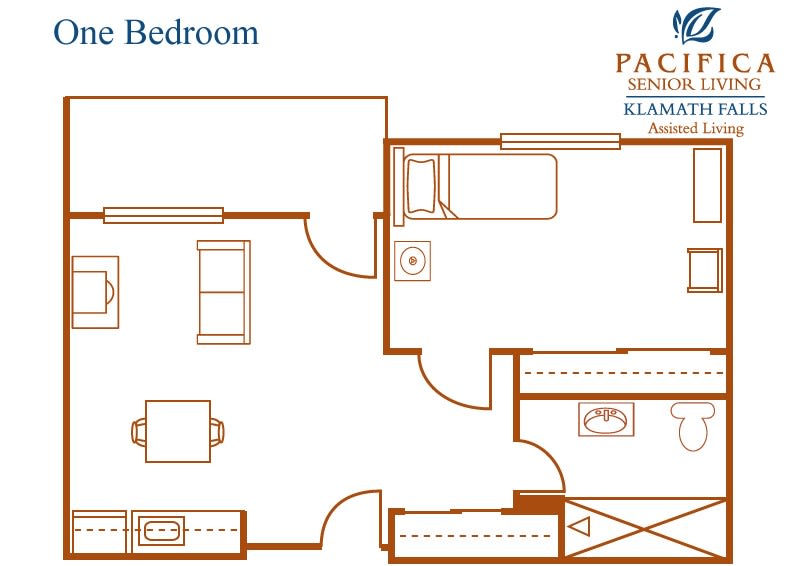 Floor plan of a one-bedroom apartment with living area and kitchen.