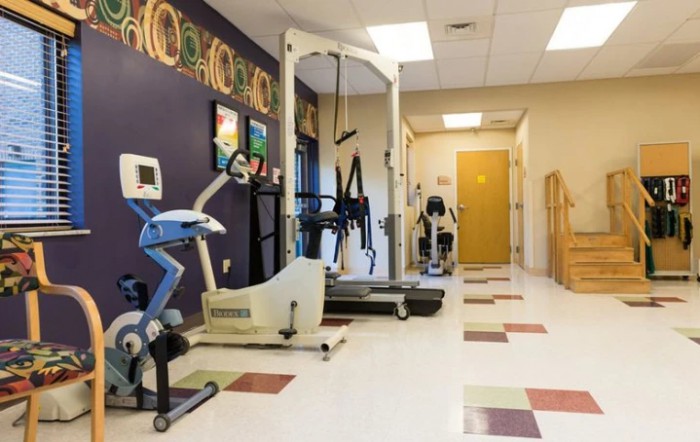A rehabilitation gym equipped with various exercise machines.