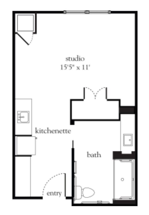 Floor plan of a studio apartment featuring a kitchenette and bathroom.