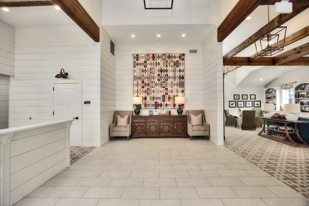 A stylish lobby with modern decor and comfortable seating.