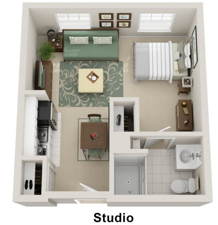 A detailed floor plan of a studio apartment showcasing the layout of living and sleeping areas, kitchen, and bathroom.