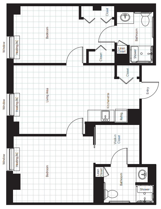 An architectural floor plan showing the layout of an apartment with multiple rooms.