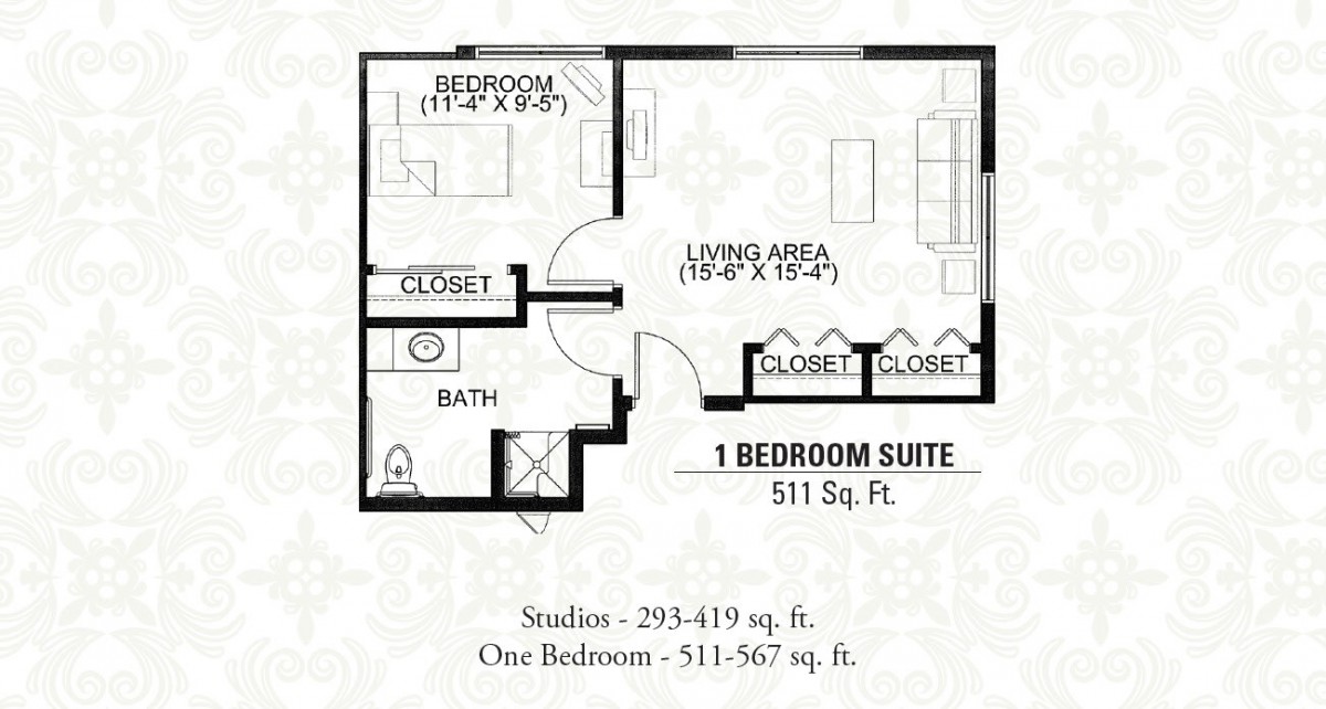 A floor plan for a 1-bedroom suite measuring 511 square feet, featuring a living area, bathroom, and multiple closets.