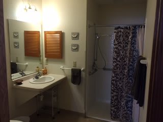 A bathroom featuring a sink, mirror, and shower with a patterned curtain.