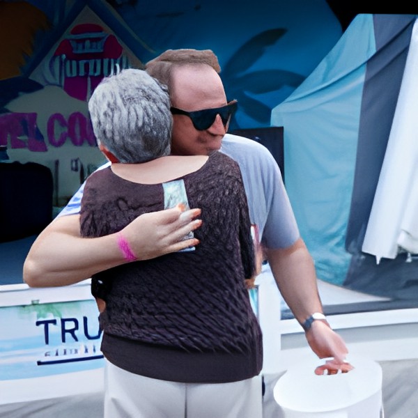Two people hugging at an outdoor event, with one holding money behind the other's back.
