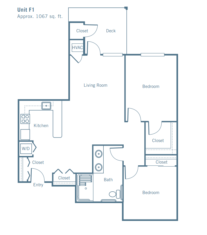 A floor plan of a two-bedroom apartment featuring a living room, kitchen, and bathroom.