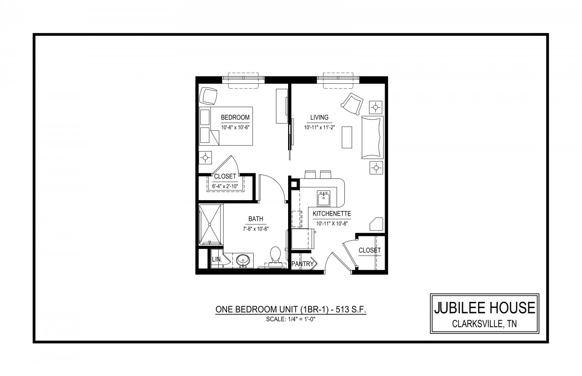 One-bedroom apartment floor plan with labeled rooms and dimensions.