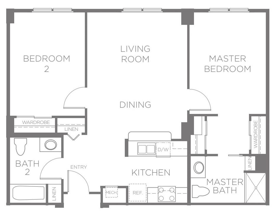A floor plan of a two-bedroom apartment featuring a living room, dining area, kitchen, master bedroom with en suite bath, and an additional bedroom and bathroom.