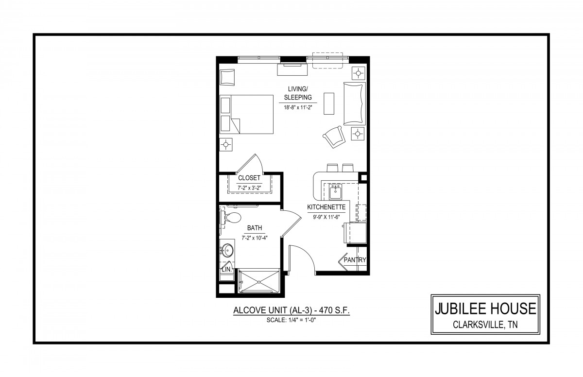 This image shows a floor plan of an apartment, illustrating the arrangement of rooms and furniture.