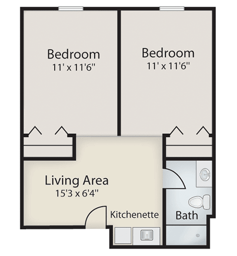 A floor plan of a two-bedroom apartment featuring a living area with kitchenette and a bathroom.