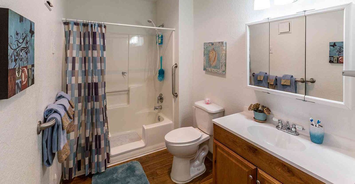 A neat and tidy bathroom featuring a shower with a curtain, a toilet, and a sink with a mirror.