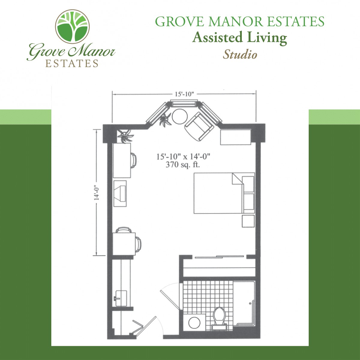 Floor plan for a studio apartment at Grove Manor Estates Assisted Living.