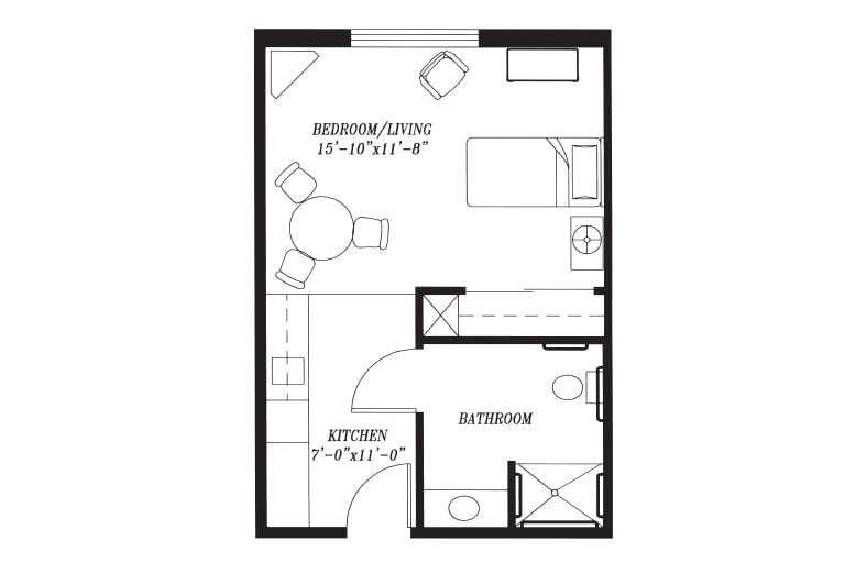 A floor plan of a compact studio apartment with living/sleeping area, kitchen, and bathroom.