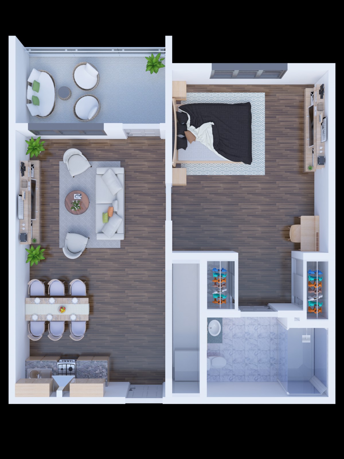 Top-down view of a modern apartment floor plan showcasing a living room, kitchen, bedroom, and bathroom.